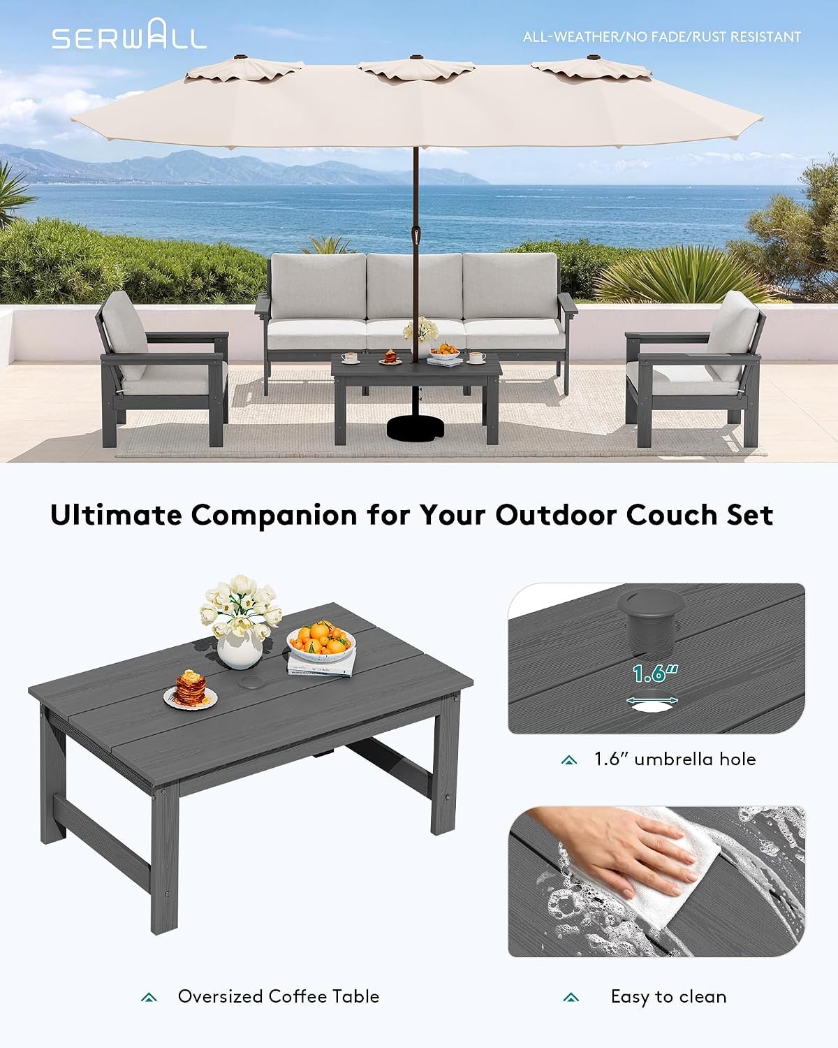 HDPE Patio Coffee Table, Rectangle Outdoor Coffee Table, All-Weather Coffee Side