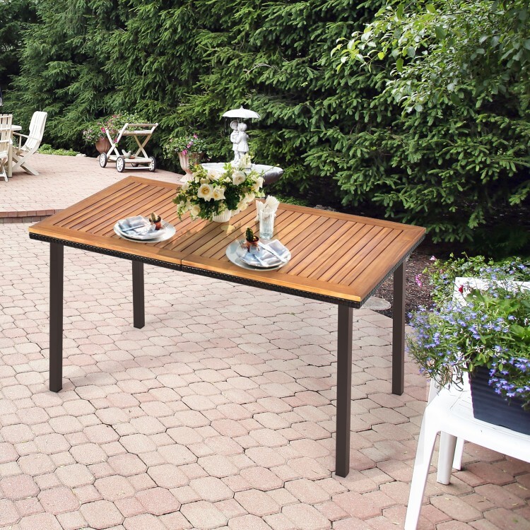 55″ Indoors Outdoors Patio Acacia Wood Furniture Dining Table With Umbrella Hole