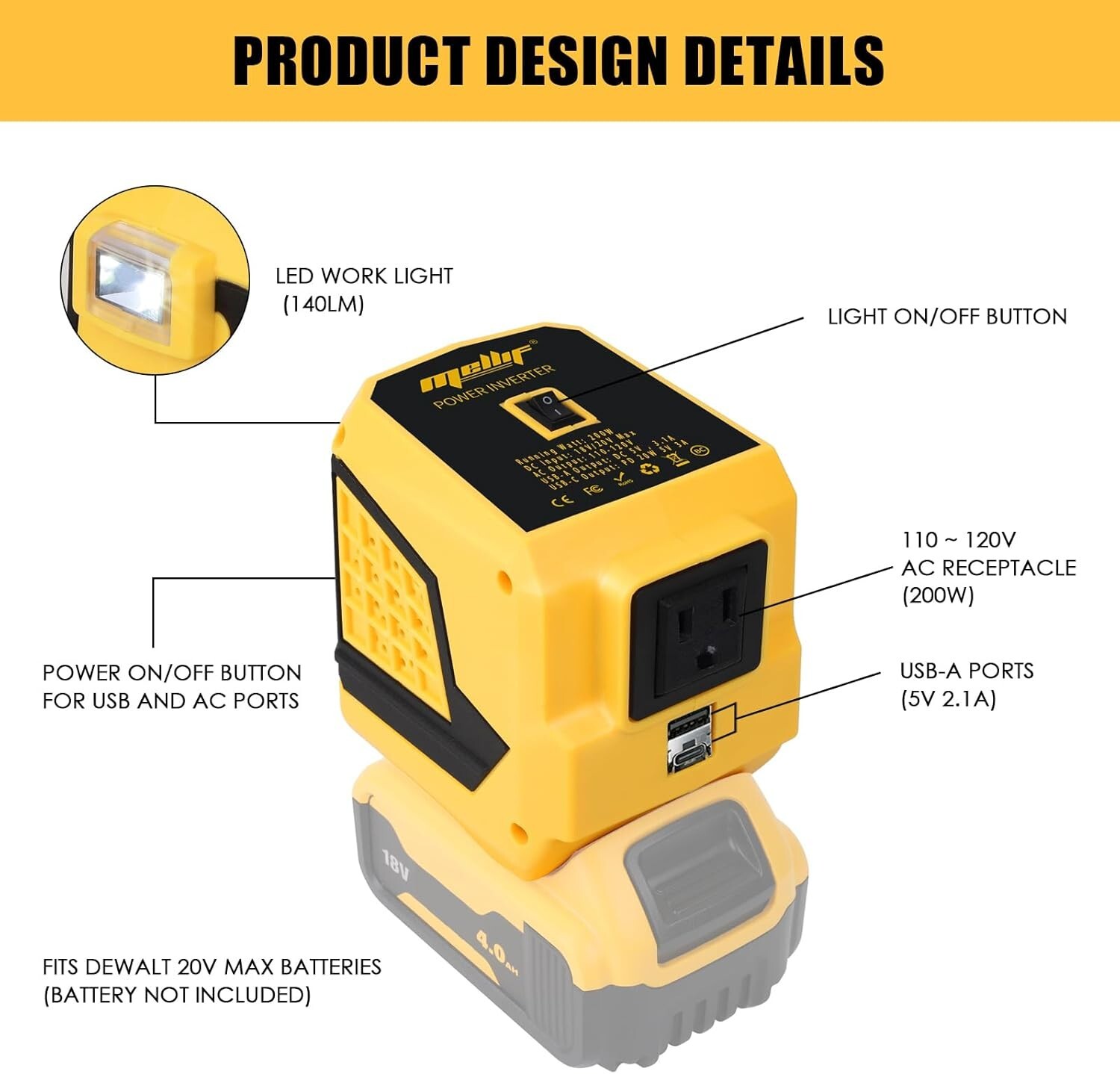 DC Power Adapter for Dewalt 20V Max Battery, 20V to 110V Voltage Converter, 200W