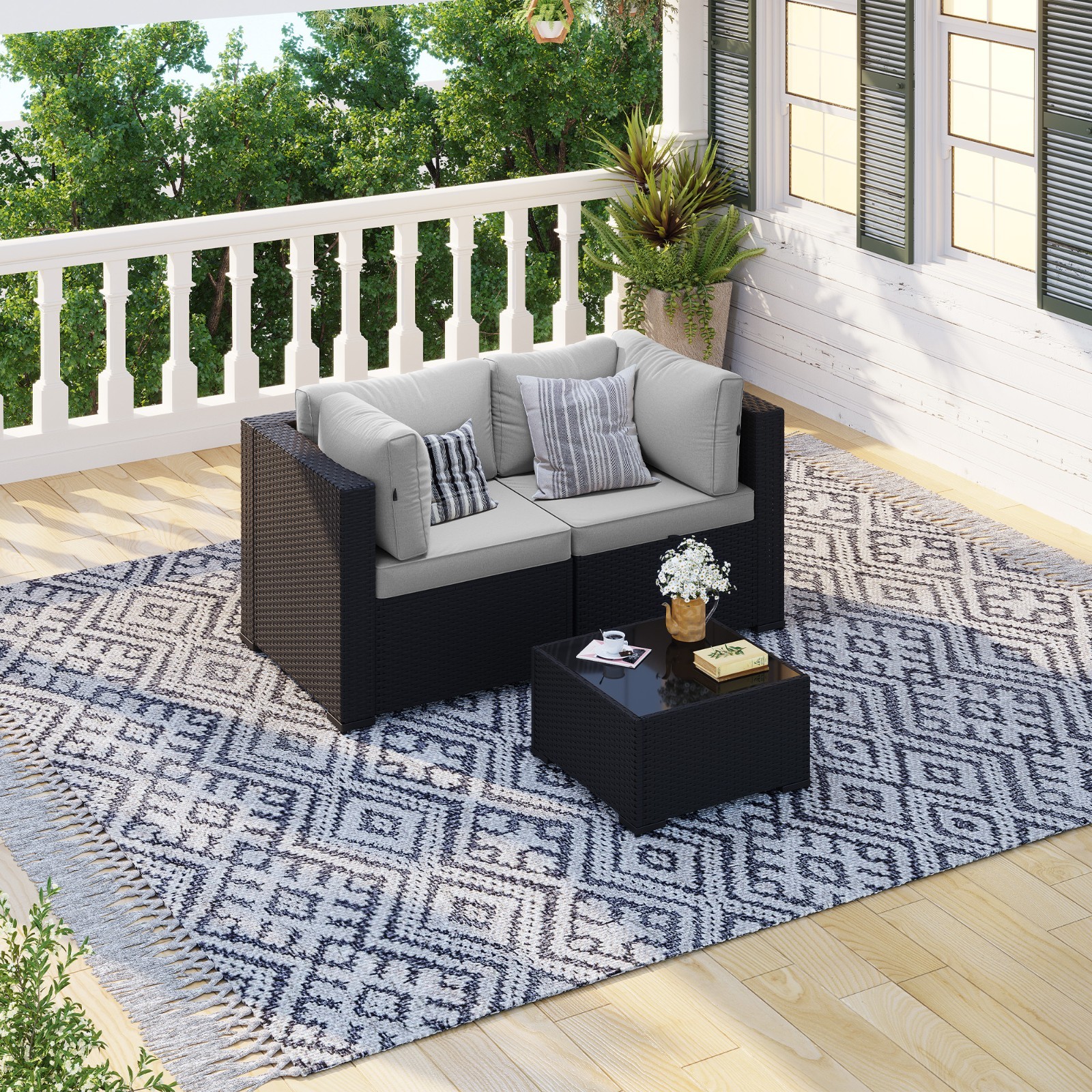 3-Piece Black Rattan Sofa Set Light Gray Cushions Coffee Table