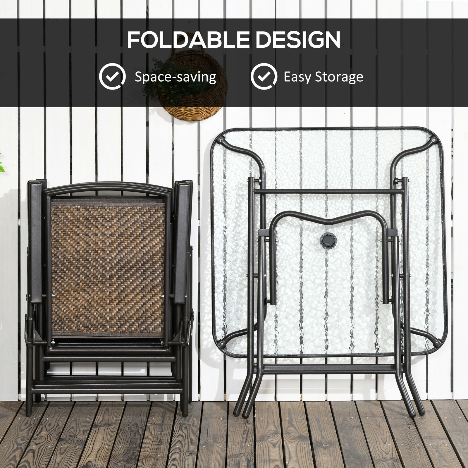 Wicker Patio Dining Set: 1 Table + 4 Chairs, Steel Frame, PE Rattan, Dark Brown