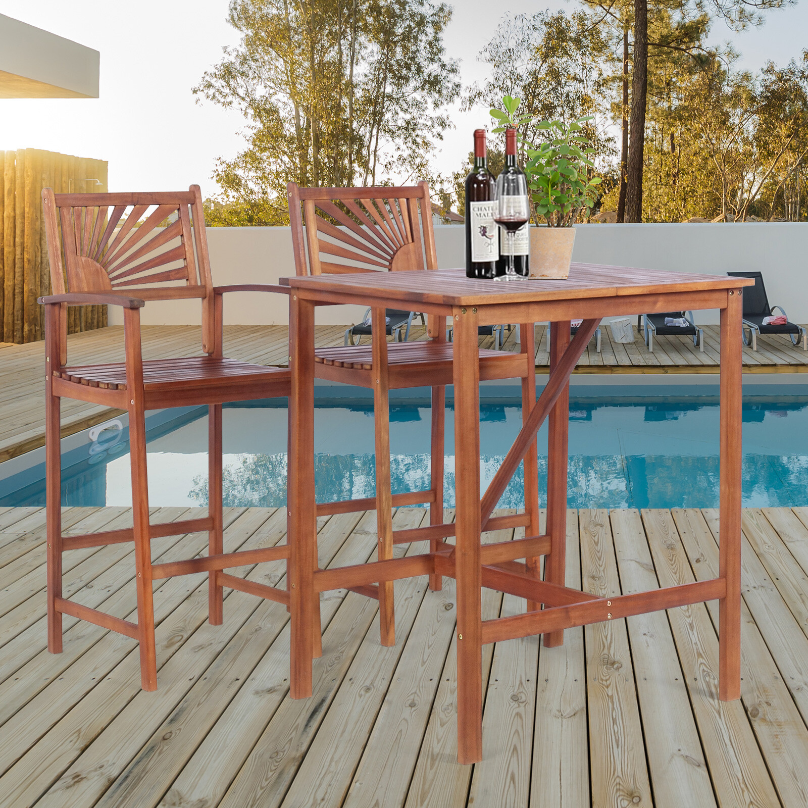 Patiojoy 3 PCS Bar Set Acacia Wood Bar Height Patio Outdoor Bistro Dining Set