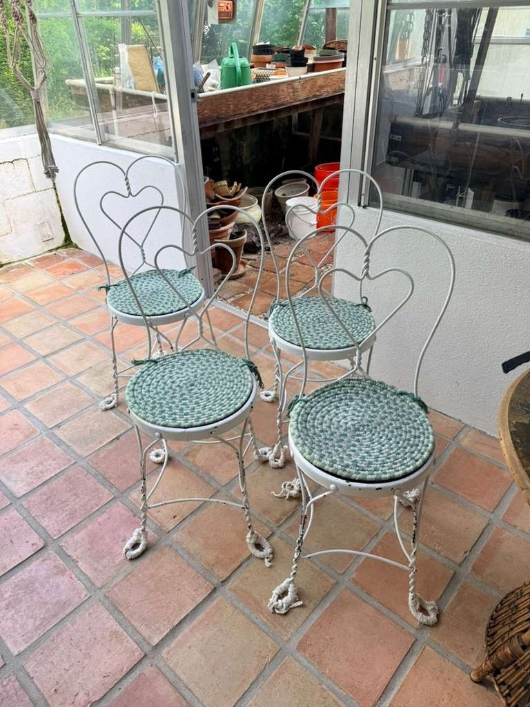 Vintage Woodard Wrought Iron Mesh Patio Set Of 5/Table And 4 Barrel Chairs White