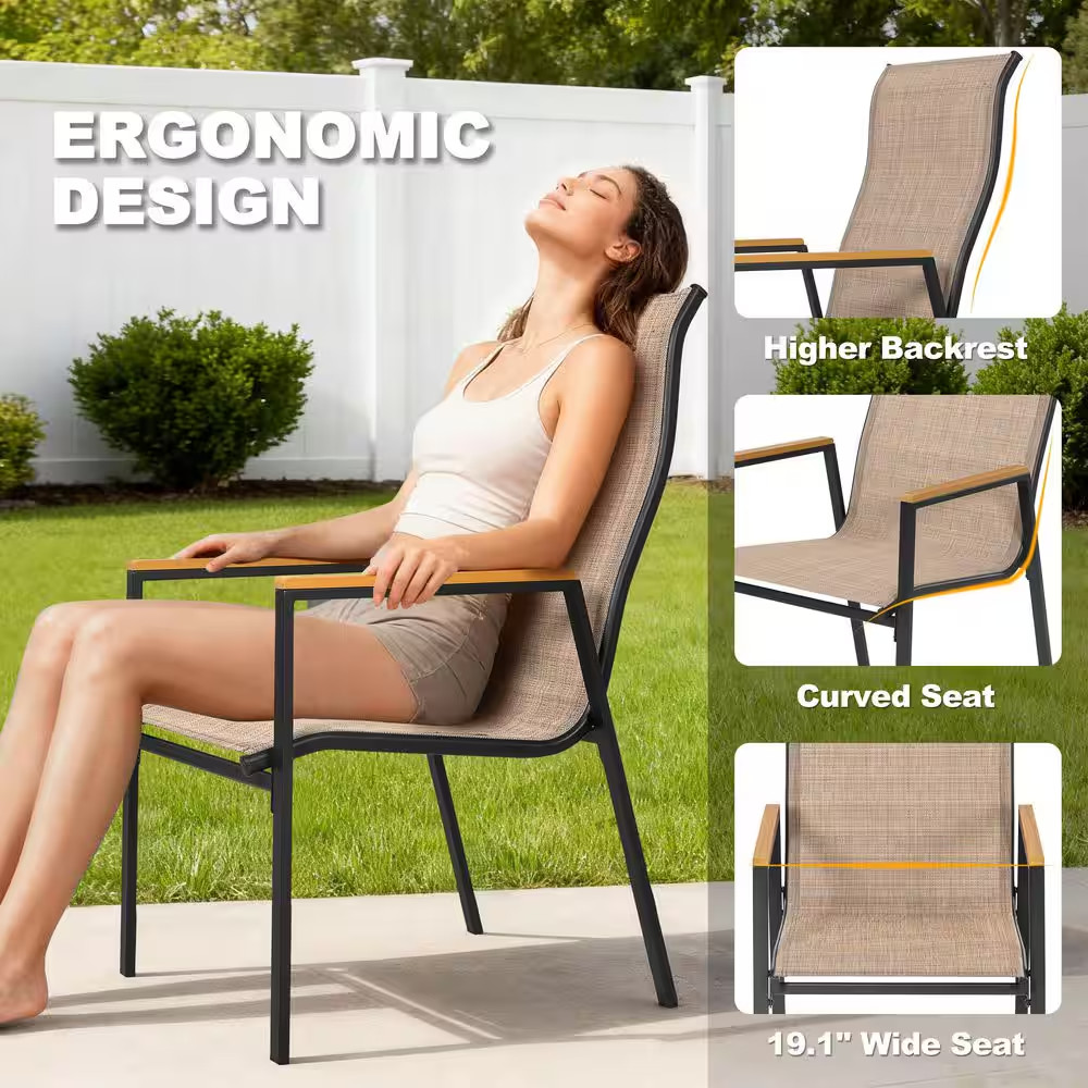 Black 5-Piece Textilene,Tempered Glass and Faux Wood Square Outdoor Dining Set w