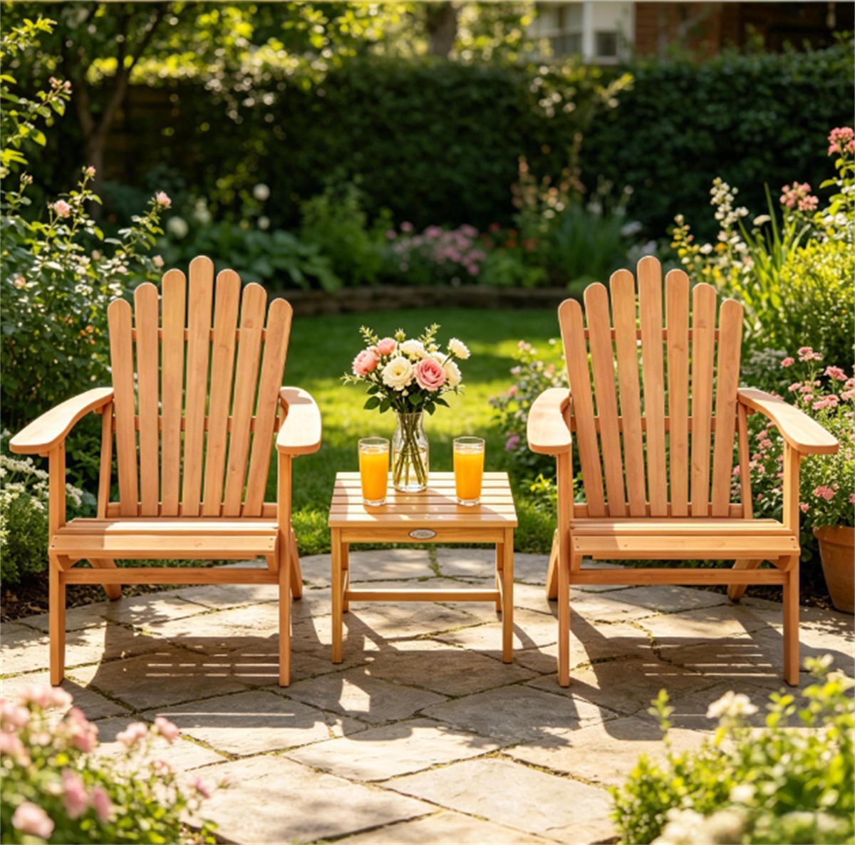 Acacia Wood Adirondack Set 2 Chairs & 1 Side Table, 400 lbs Capacity