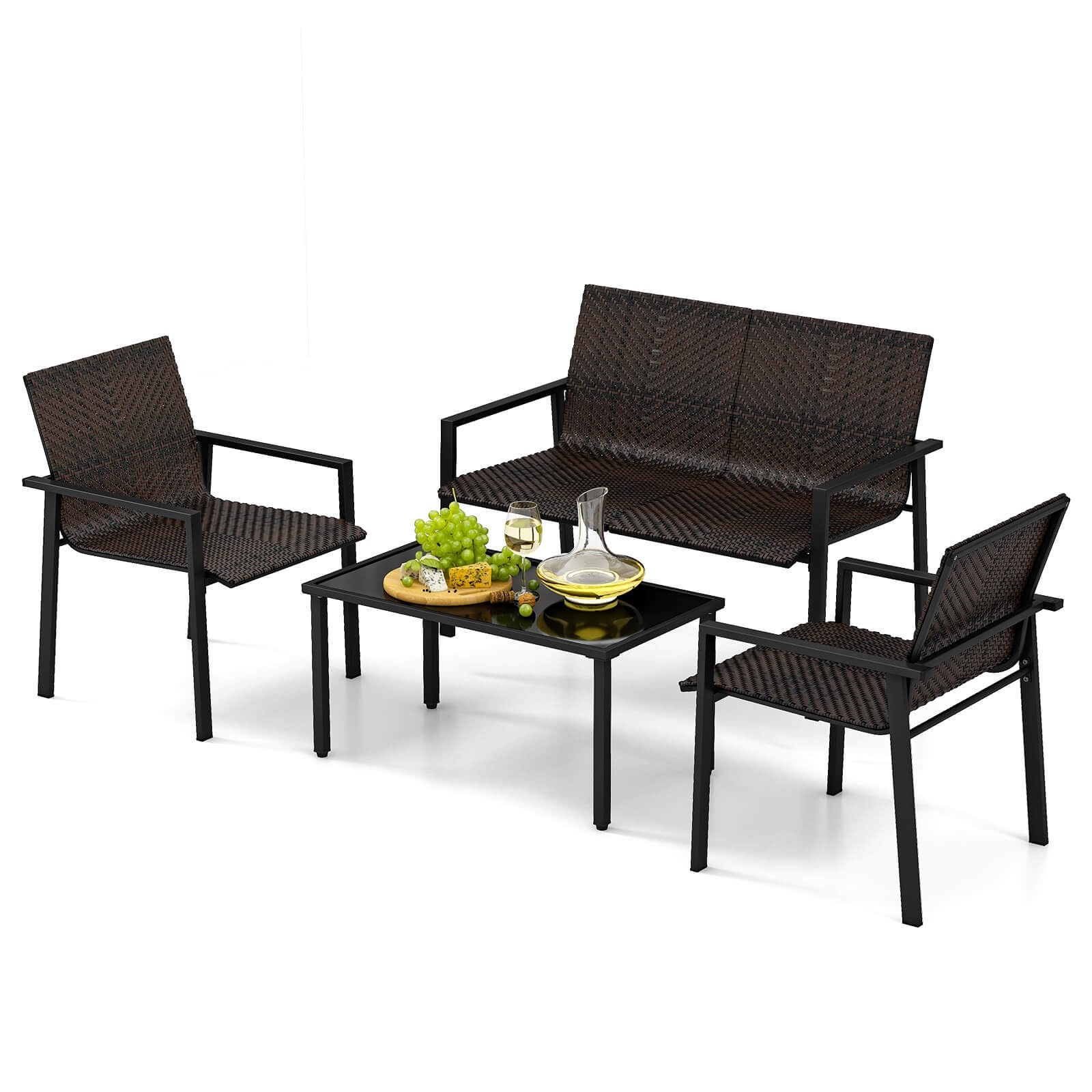4 PCS Outdoor Wicker Patio Furniture Set w/ Heavy-Duty Galvanized Metal Frame