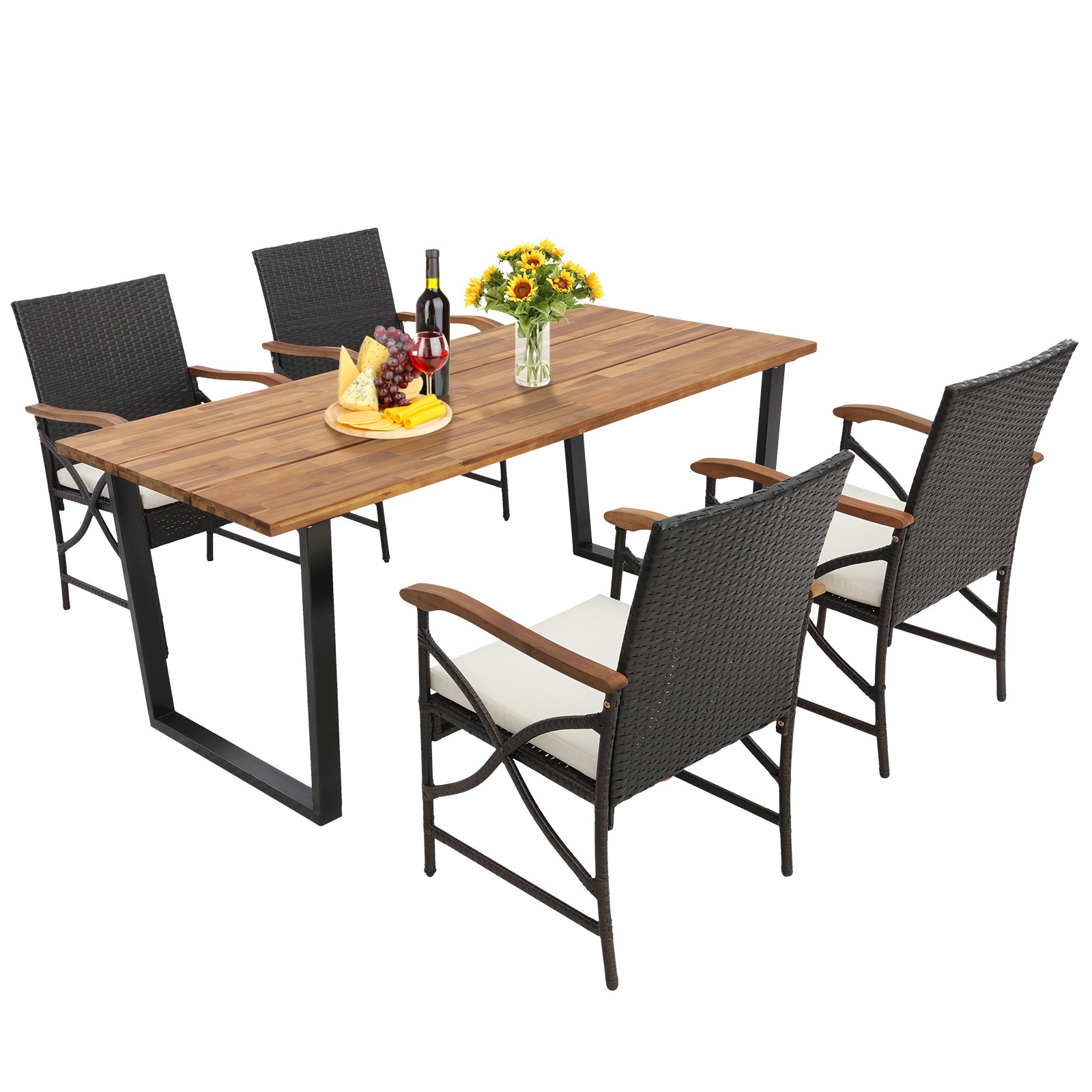 Patio 5PCS Rattan Dining Set Acacia Wood Table 4 Wicker Chairs w/ Umbrella Hole