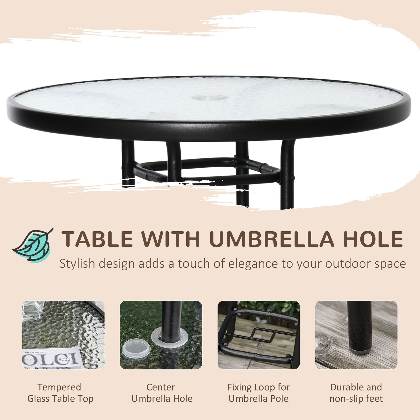 Steel Patio Bar Set: 2 Folding Chairs, 27.5″ Glass Table, Adjustable Umbrella