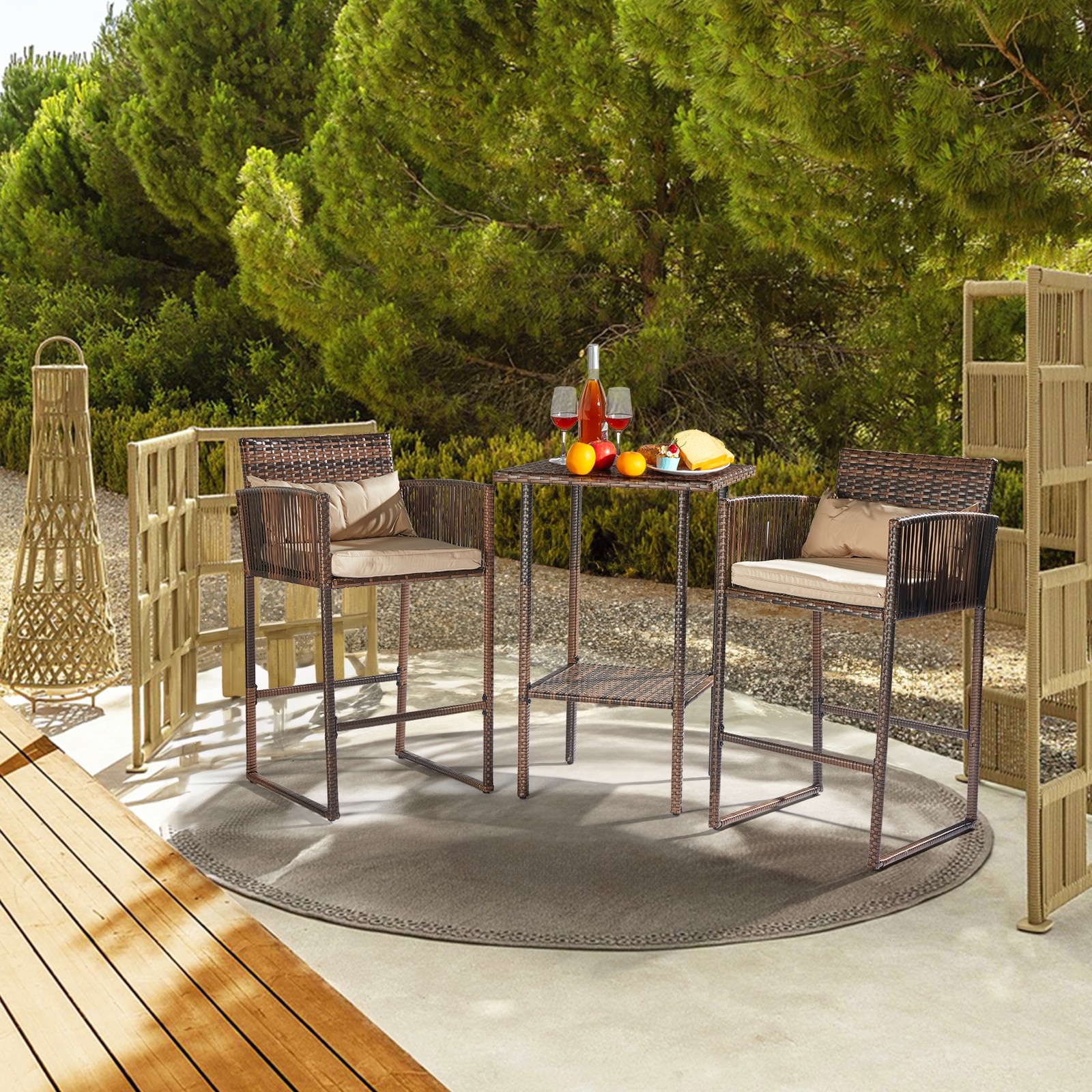 3-Piece Patio Bar Set w/ Cushions, 2 Bar Stools & Table, Brown Rattan