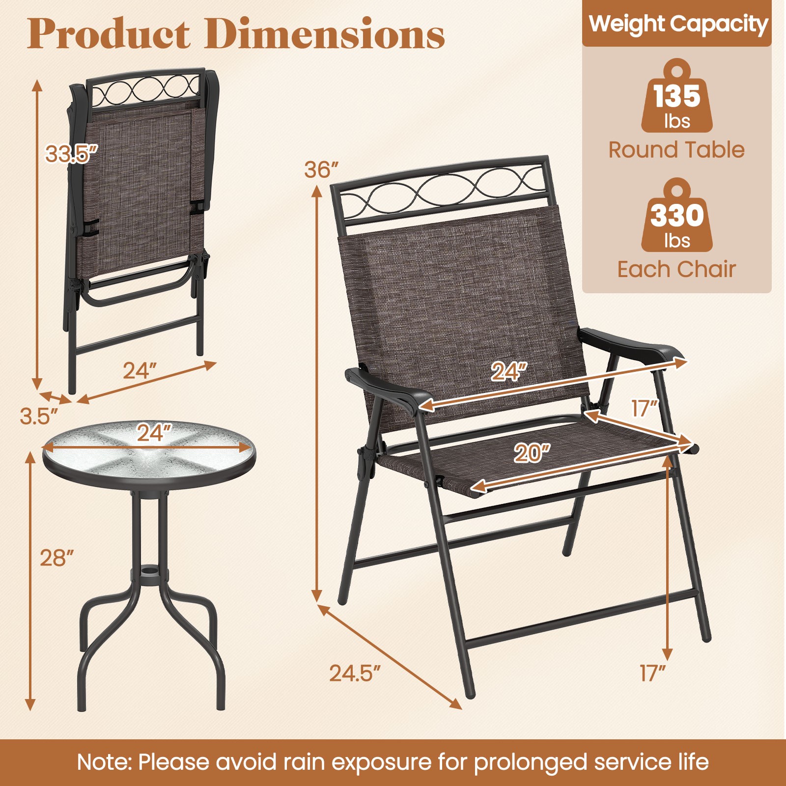 3Pcs Outdoor Bistro Dining Furniture Set 1.57″ Umbrella Hole Patio