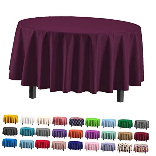Exquisite 12-Pack Premium Plastic Tablecloth 84in. Round Table Cover – Plum