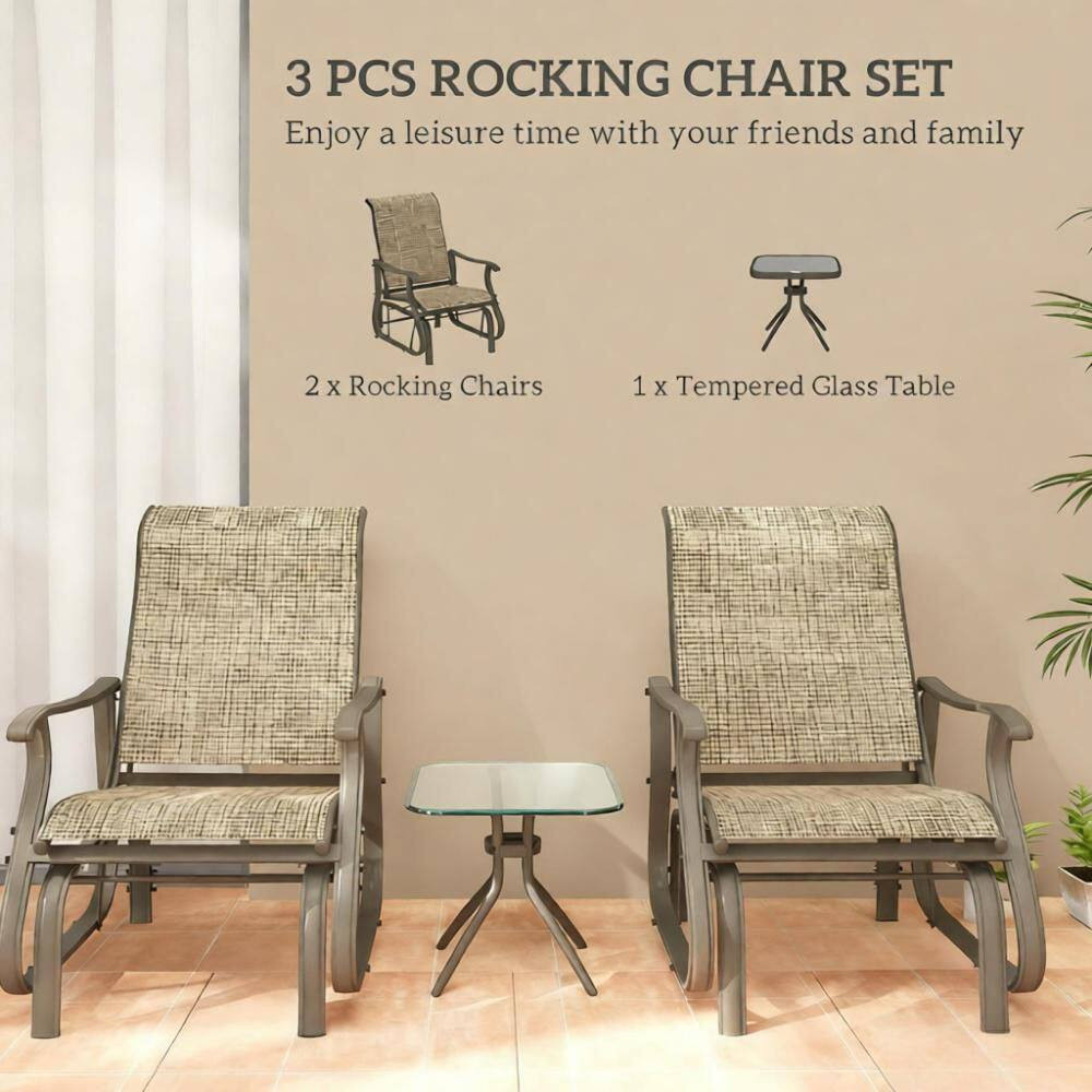 3-Piece Brown Metal Outdoor Bistroor Set, Gliding Chairs Set with Tempered Glass