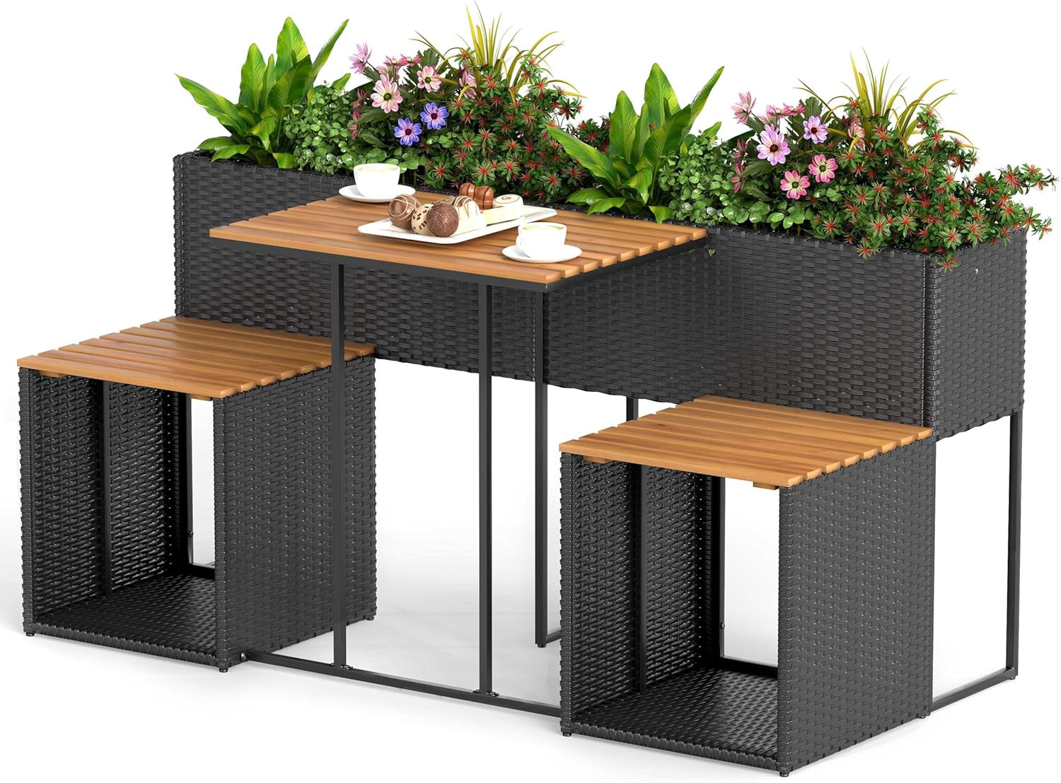 RELAX4LIFE Patio Furniture Set with Raised Garden Bed, Wicker Rattan Elevated Pl