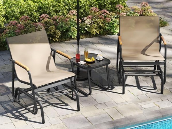 Versatile Brown Patio Glider Set with Glass Table – Perfect for Balcony & Garden