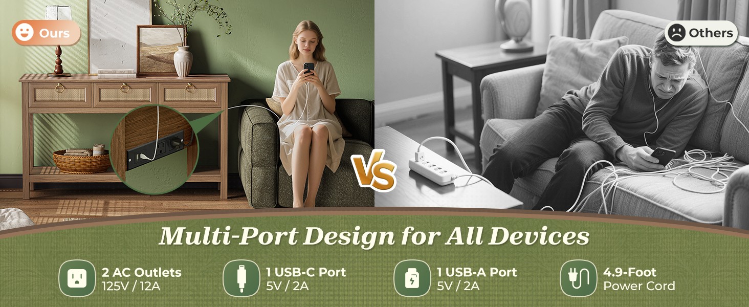 Rattan Console Sofa Table with Outlets and USB-C Port, 3 Der