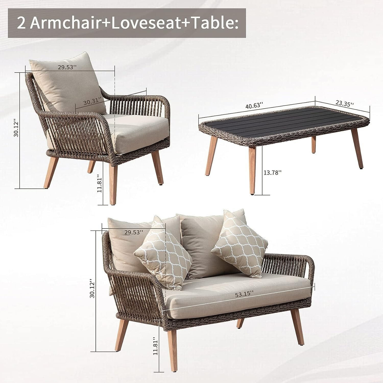 Patio(4-piece) with hand-woven rattan Aluminum frame (4 seats in Khaki)