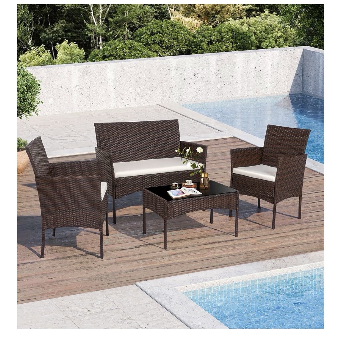 4-Piece Brown Rattan Wicker Patio Lounge Set w/ White Cushions, Loveseat & Table