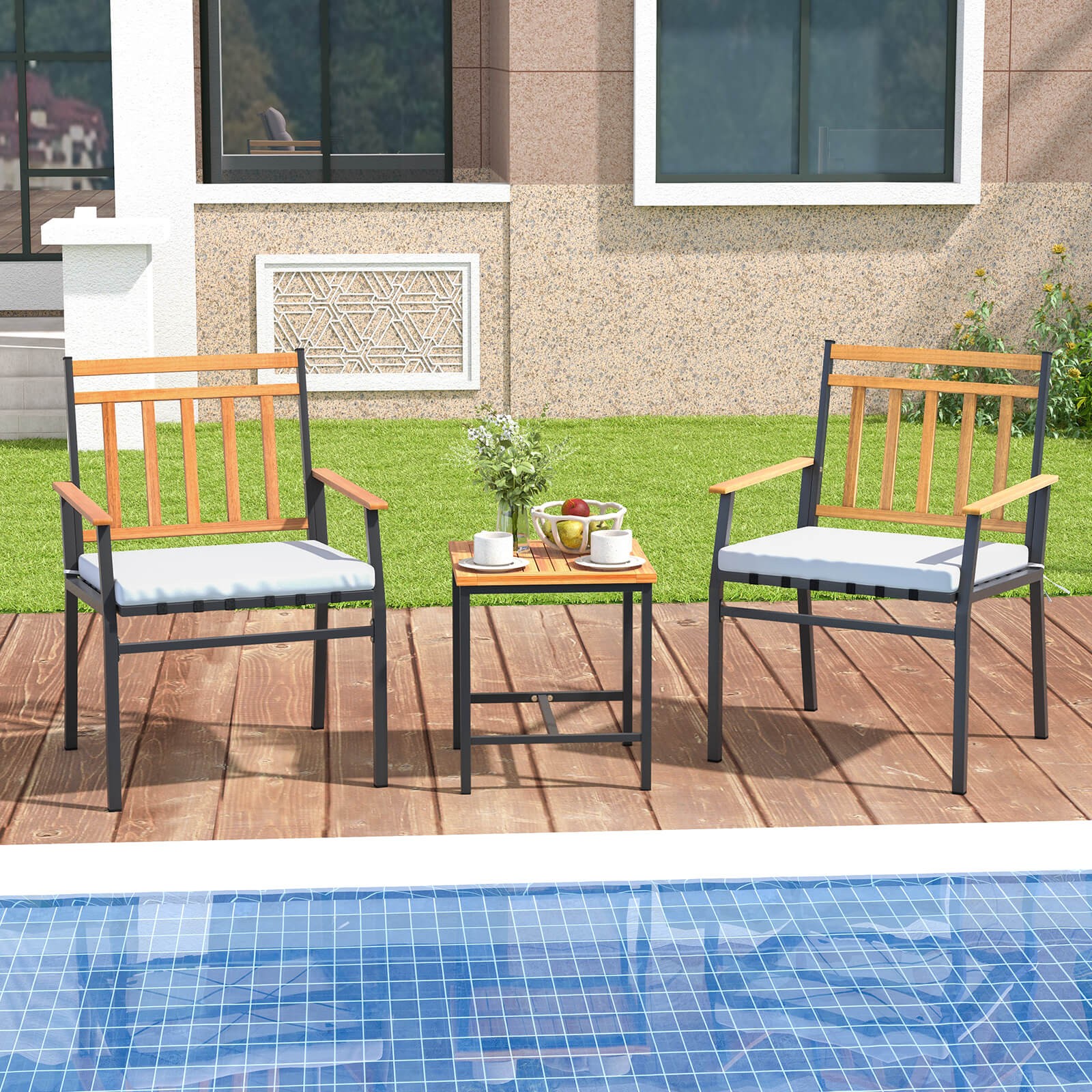 Outdoor 3 PCS Furniture Set w/ Coffee Table Heavy-Duty Metal Frame for Balcony