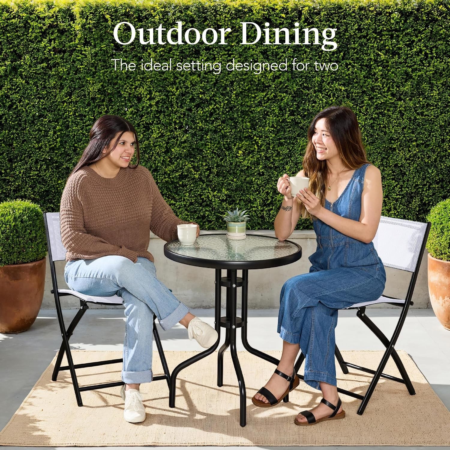 3-Piece Patio Bistro Dining Furniture Set w/Textured Glass Tabletop 2 Steel