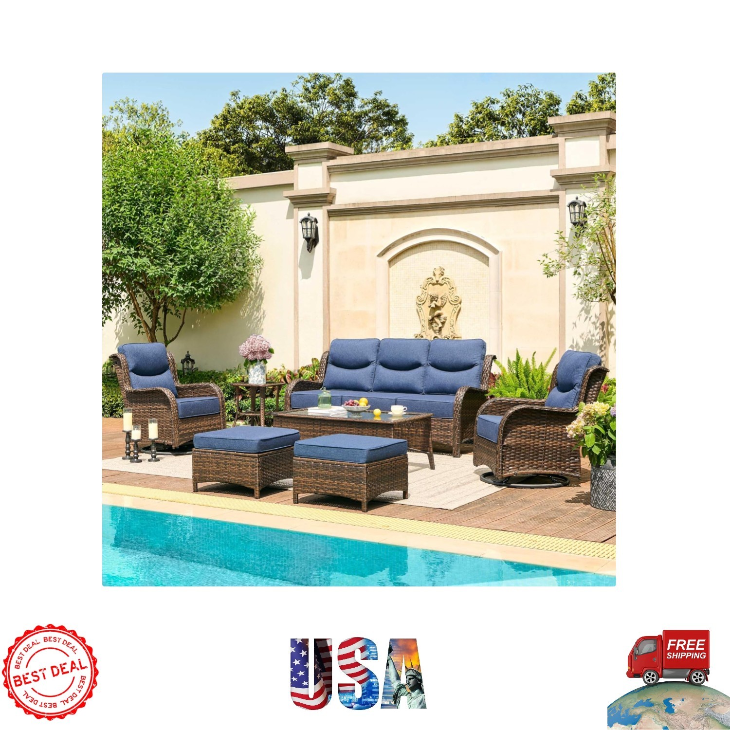 Spacious Luxury Patio Furniture Set – 6-Inch Cushions, 360° Swivel Chairs