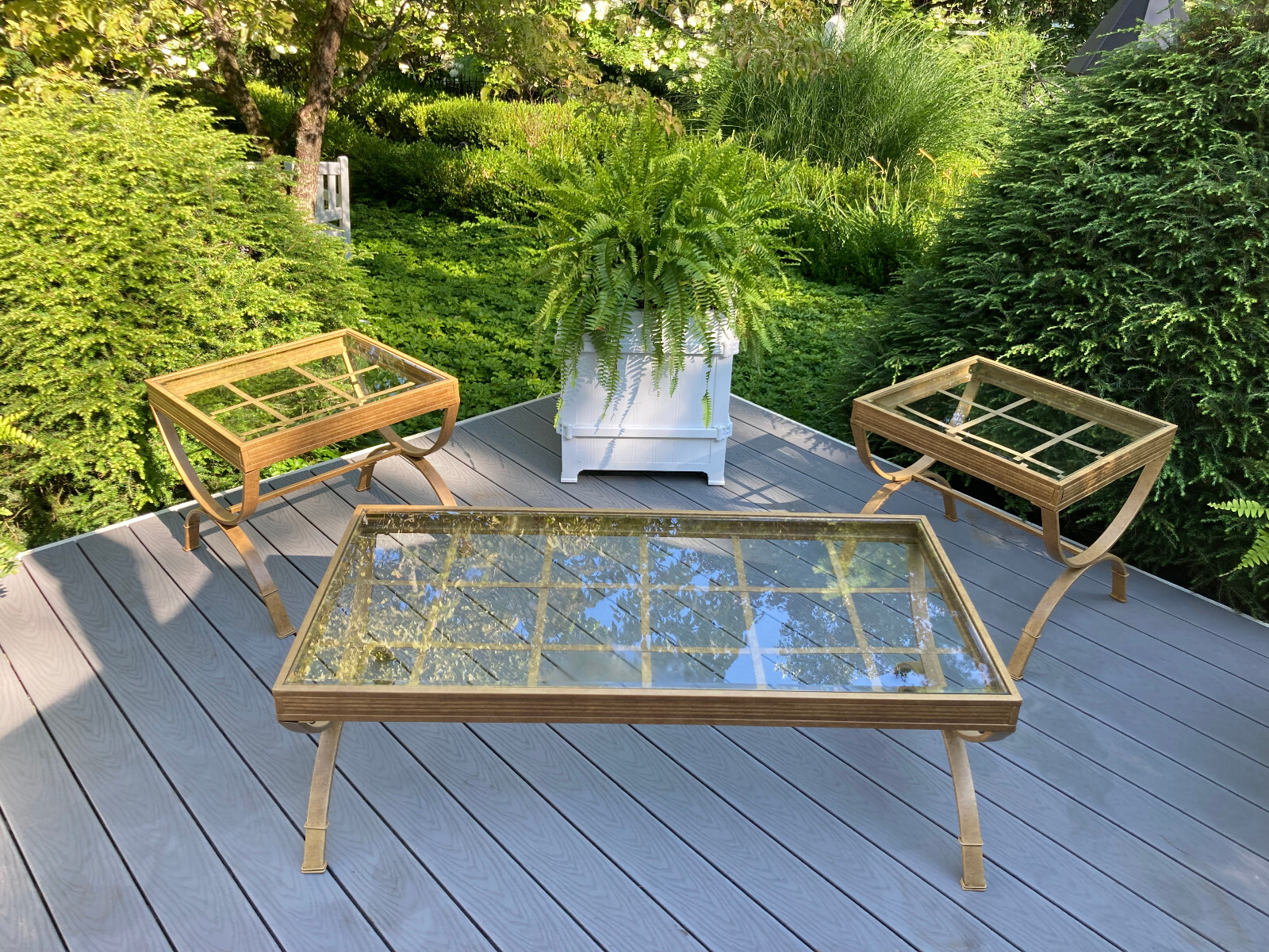 3 RESTORATION HARDWARE INDOOR OUTDOOR STEEL GLASS PATIO DECK COFFEE & END TABLES