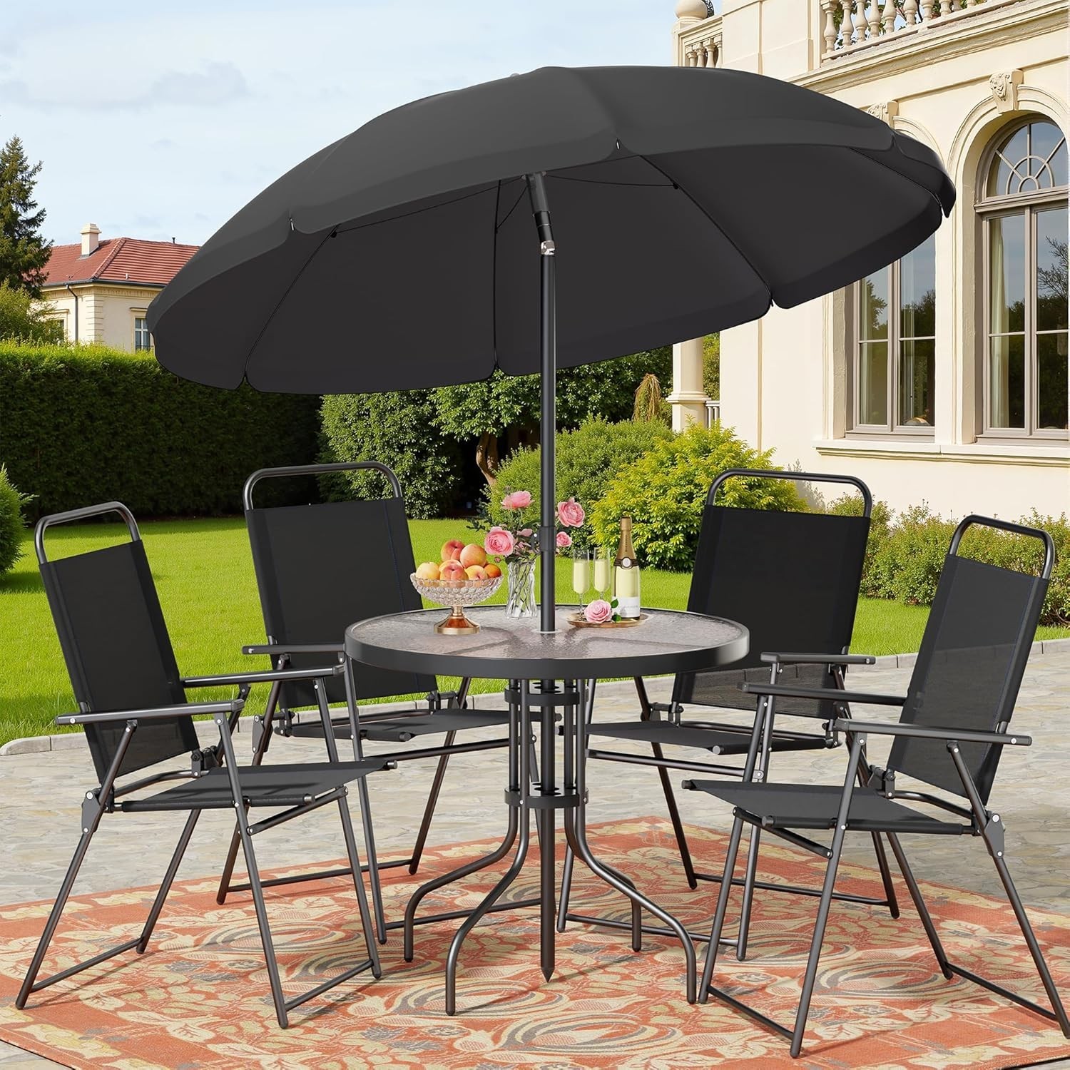 Outdoor Dining Set with Umbrella, 4 Folding Chairs, Tempered Glass Table Garden