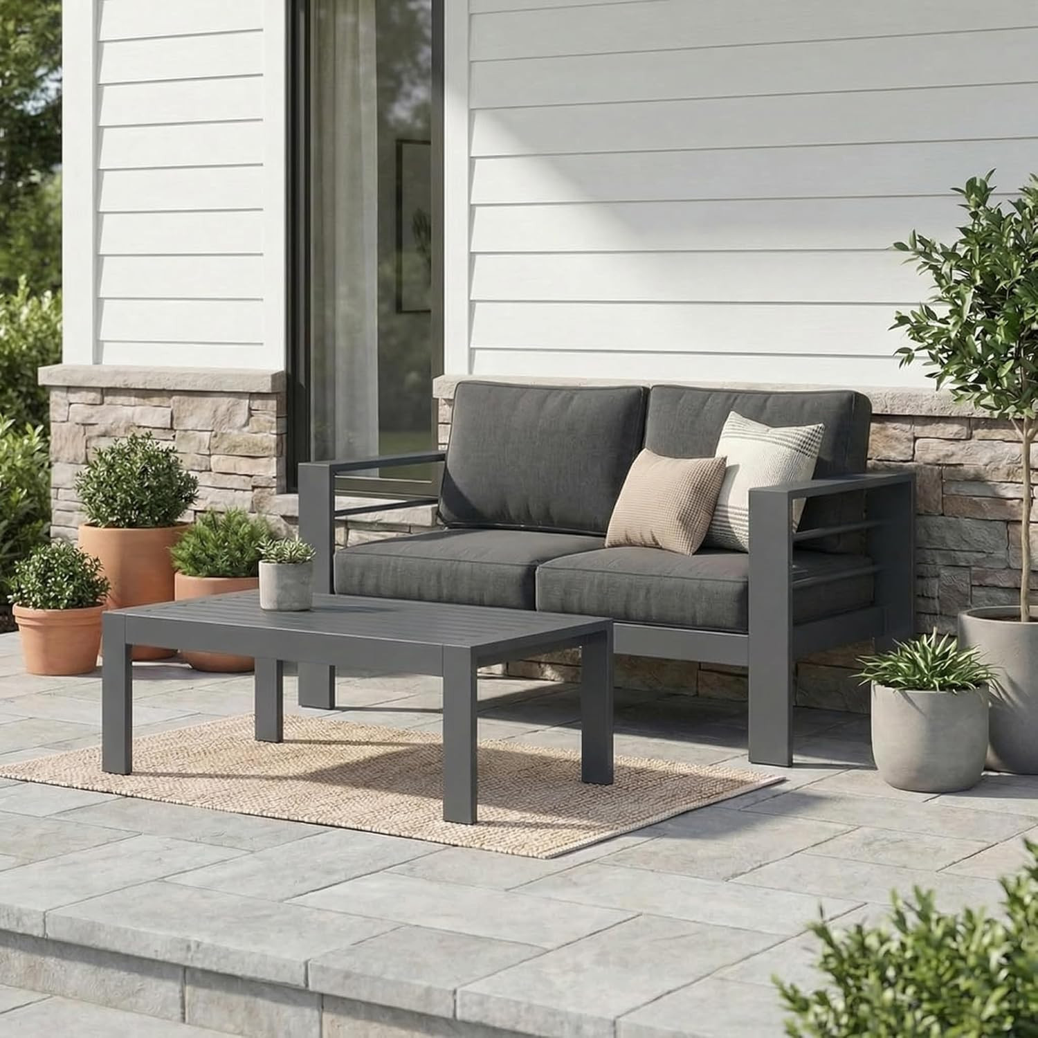 Heavy Duty Metal Patio Furniture Set with Cushions – Modern Dark Grey Loveseat