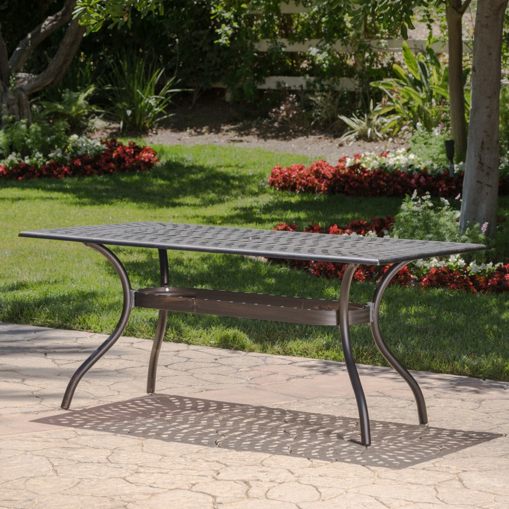 Vintage Rectangular Patio Dining Table, Outdoor Cast Aluminum w/ Copper Finish