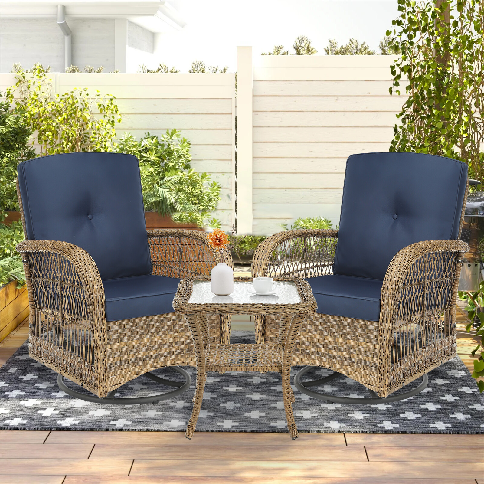 3PC Outdoor Swivel Glider Rocker Furniture Chair Patio Wicker Bistro Set w/Table
