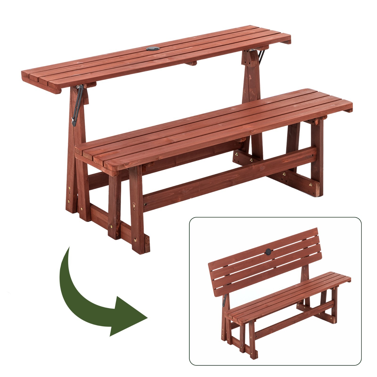 2-in-1 Convertible Bench Picnic Table, Outdoor Folding Dining Set with Backrest