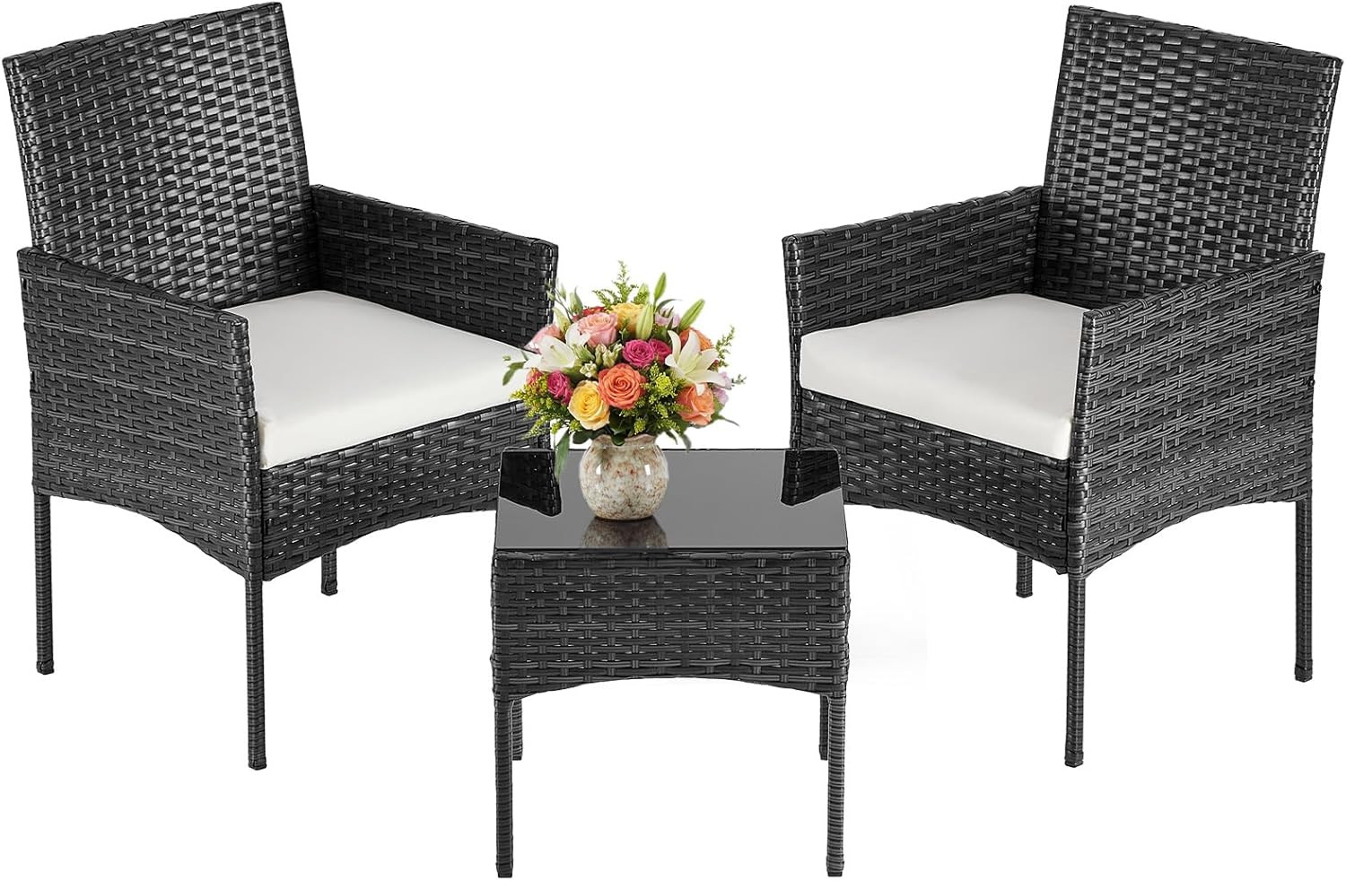 3 Piece Patio Furniture Set Wicker Chairs Glass Table Outdoor Bistro Set Black