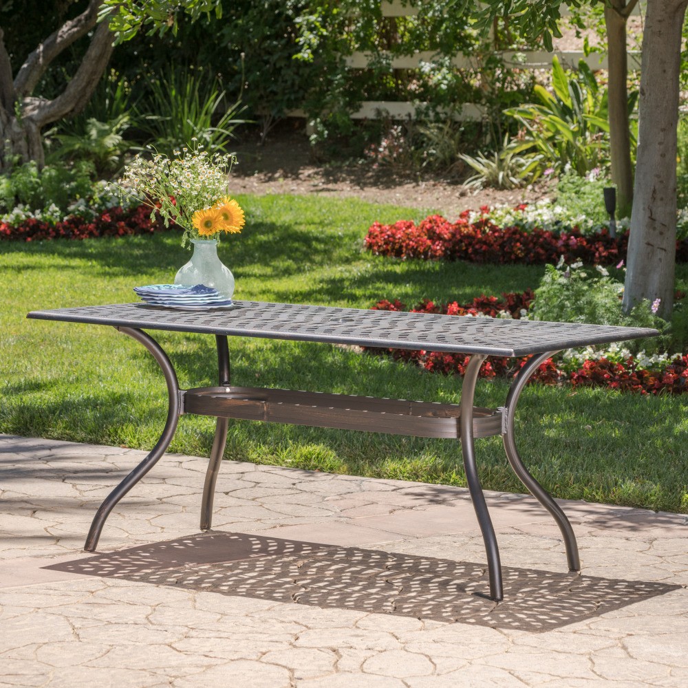 Vintage Rectangular Patio Dining Table, Outdoor Cast Aluminum w/ Copper Finish