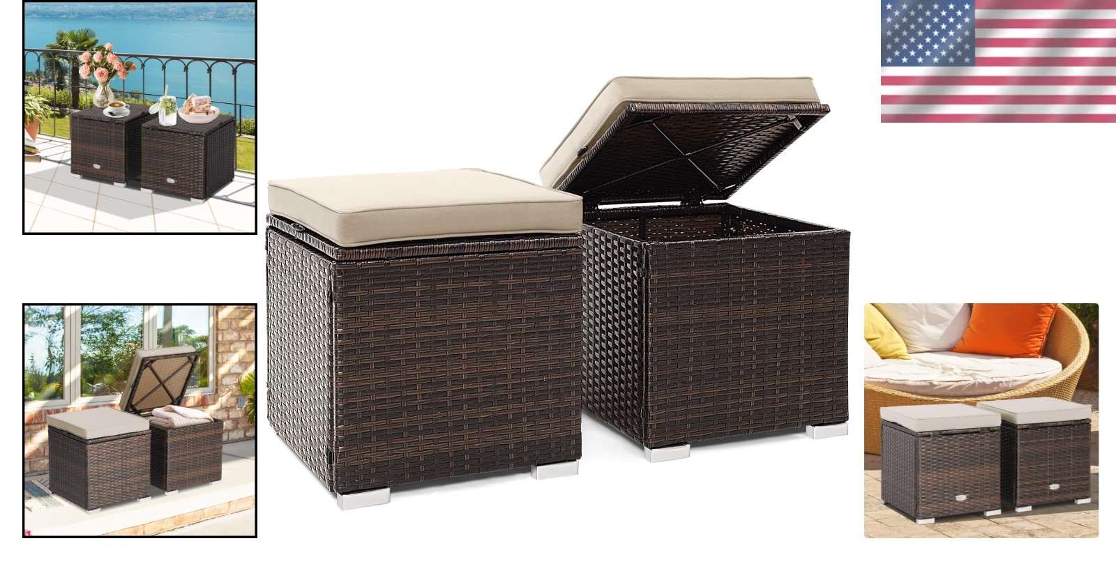 Comfortable Outdoor Ottomans – Durable Rattan with Hidden Storage & Cushions