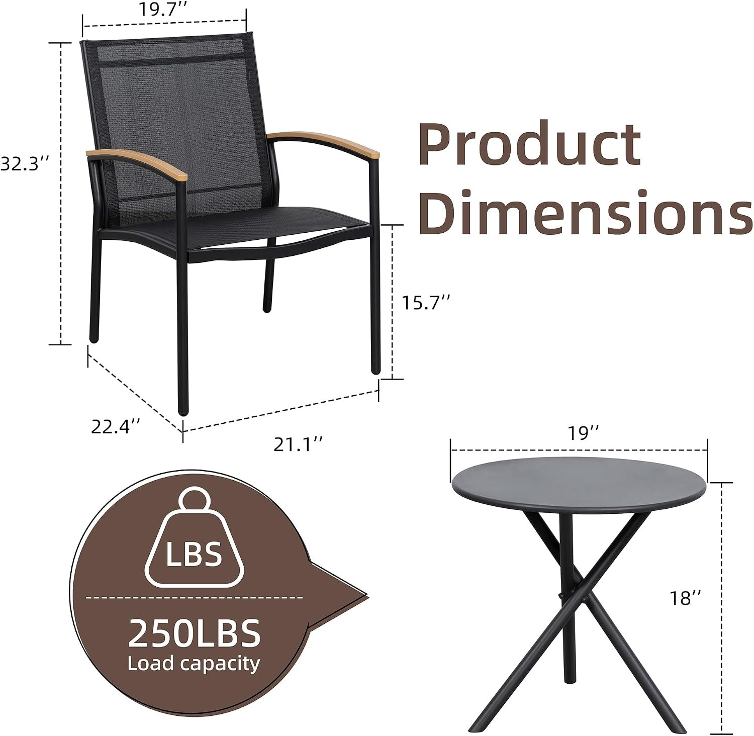 3 Pieces Patio Bistro Sets Outdoor Textilene Fabric Conversation Bistro Set