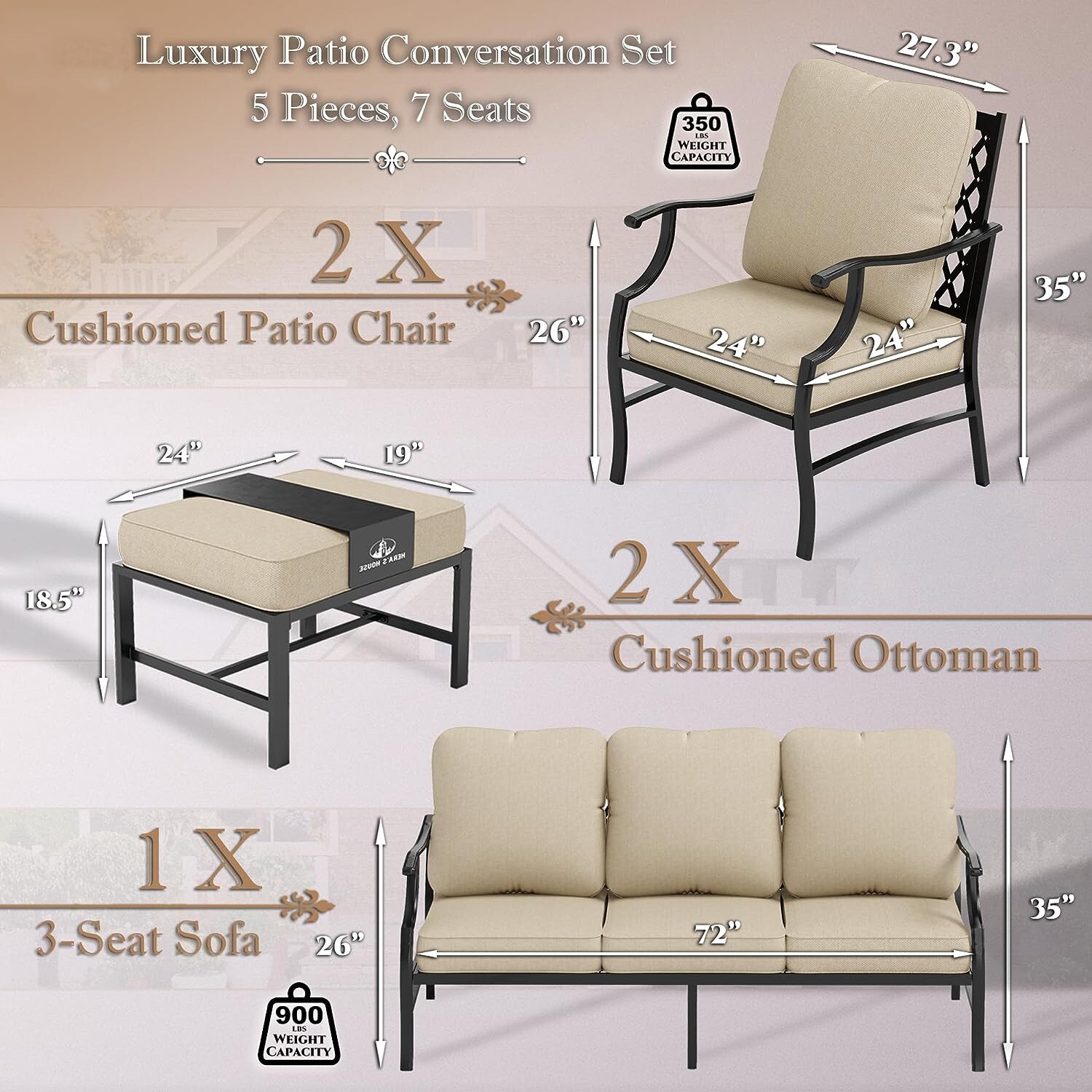 5 Piece Patio Furniture Set Outdoor Conversation Set for Lawn Garden Backyard