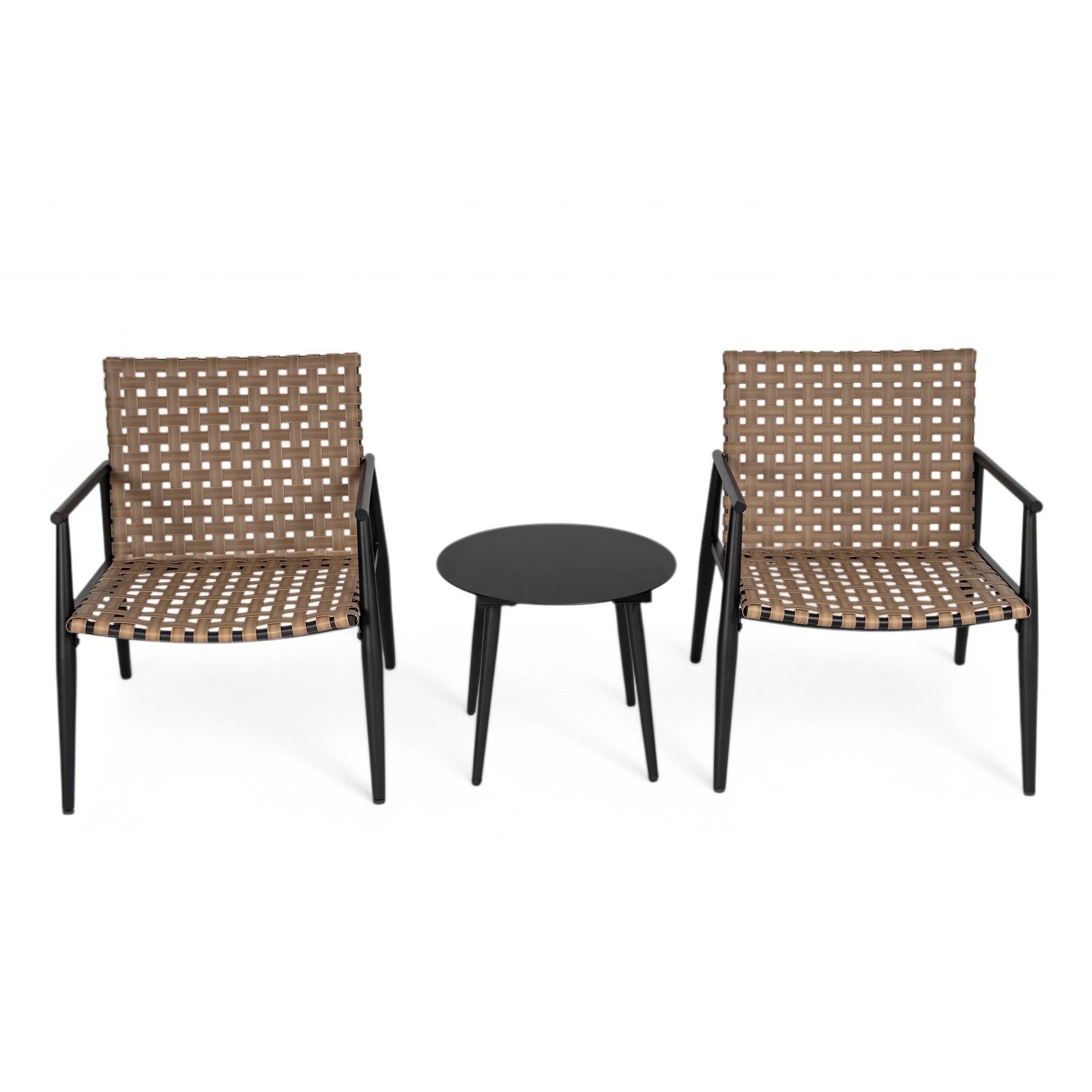 Modern Outdoor Chat Set: 2 PE Rattan Chairs + Black Steel & Glass Side Table