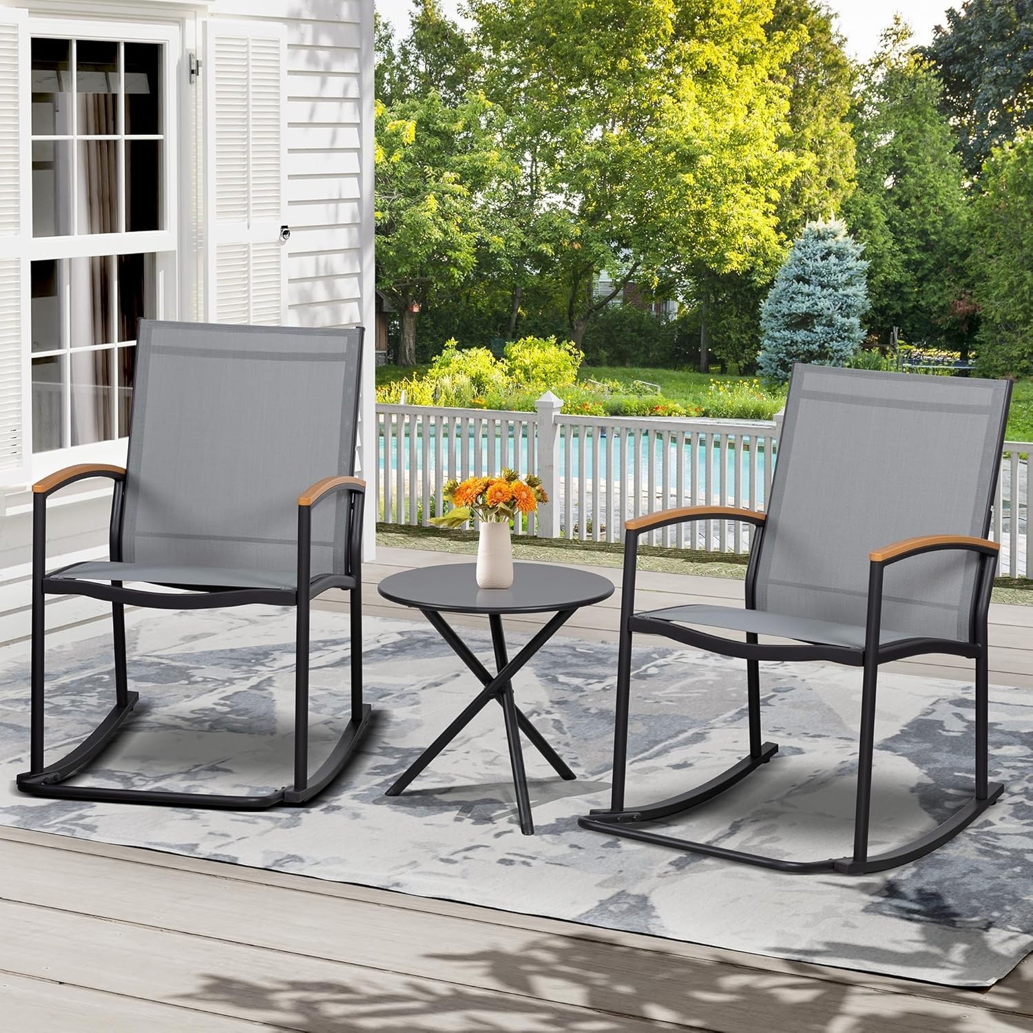 3 Piece Outdoor Rocking Bistro Set with Light Gray Textilene Fabric Chairs