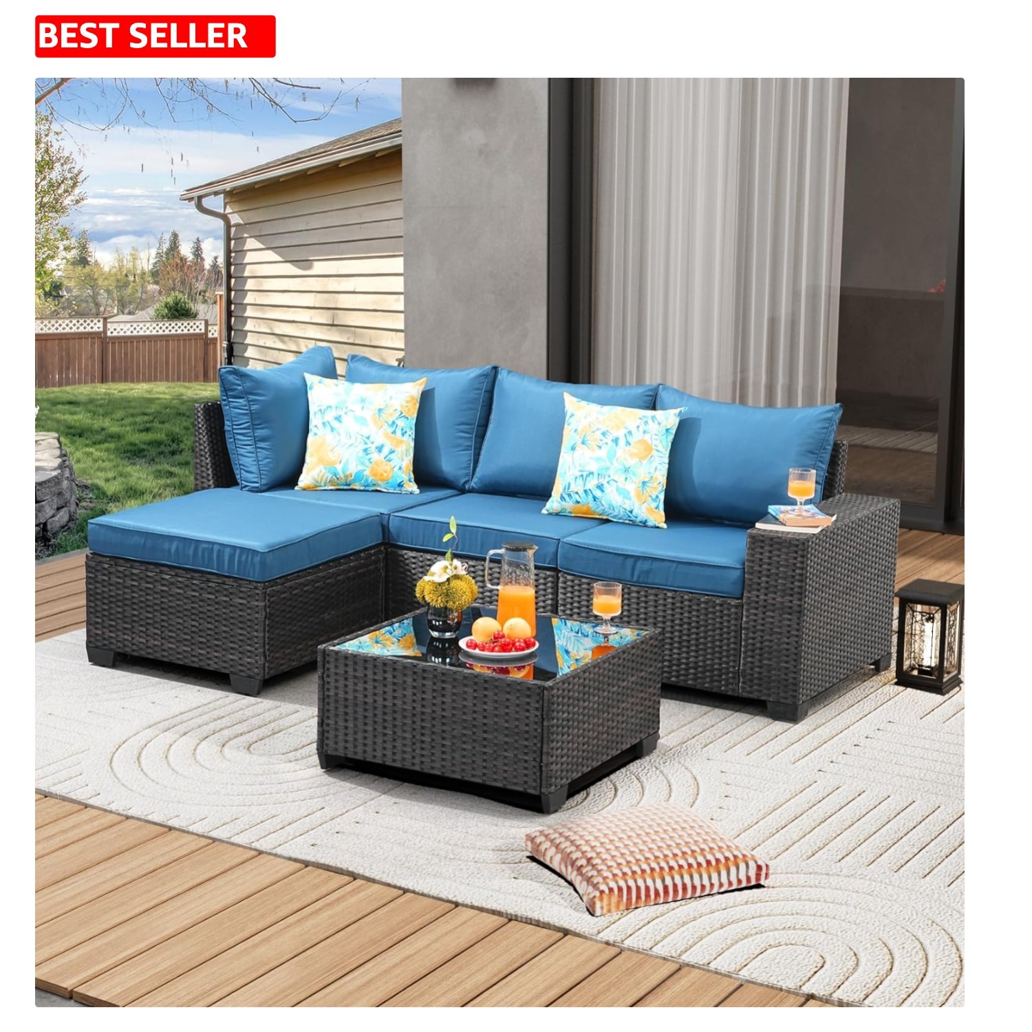 Modular Peacock Blue Patio Seating Set – Weather-Resistant Rattan Sofa & Ottoman