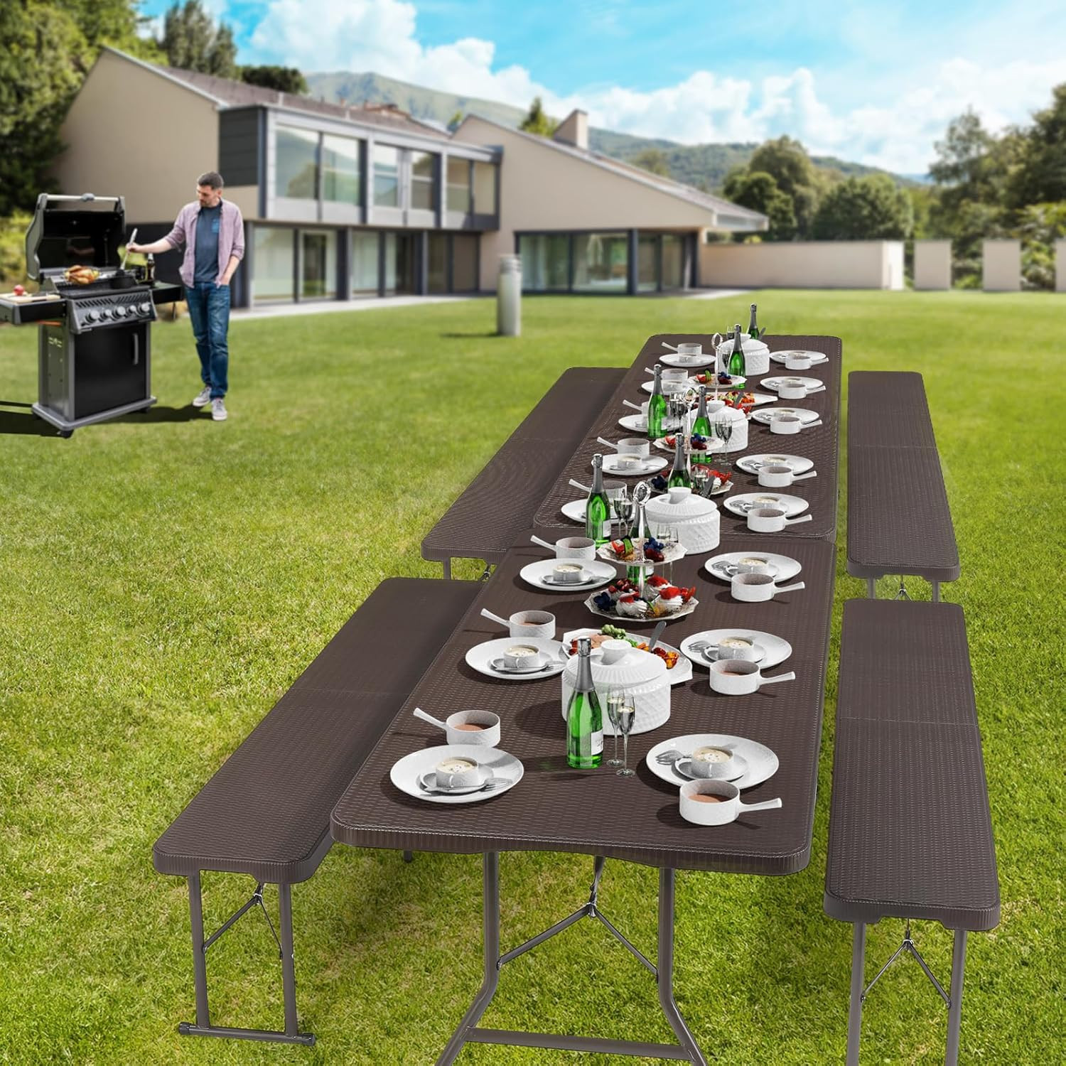 VINGLI Picnic Table Set with 2 Benches, 6 Feet Camping Table Chair Set, 3-Piece