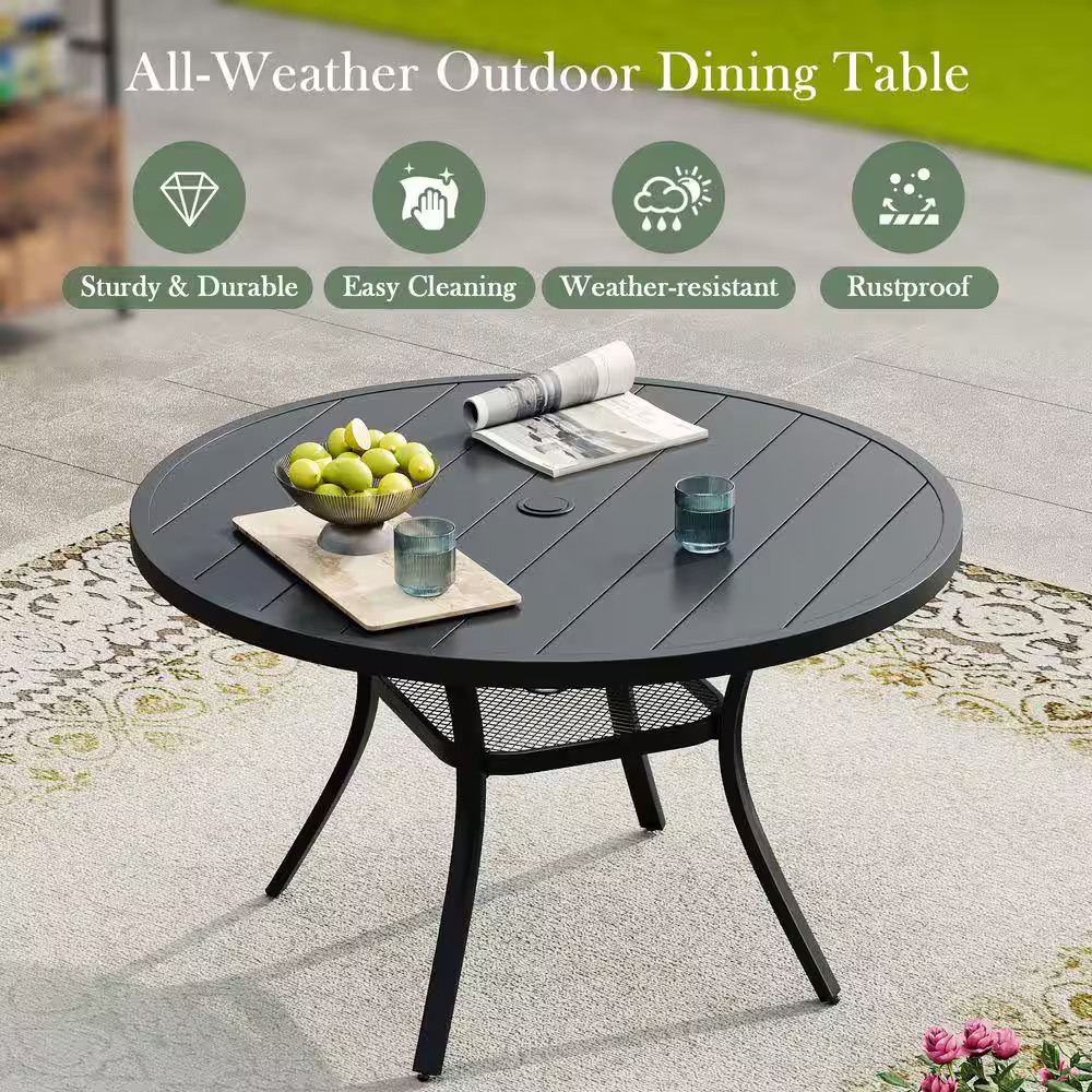5-Piece Metal Outdoor Dining Set with Black round Table and 4 Brown Dining Chair