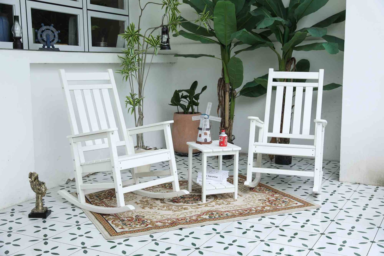 Three sets of white wood-grain rocking chairs (2 rocking chairs and 1 table)