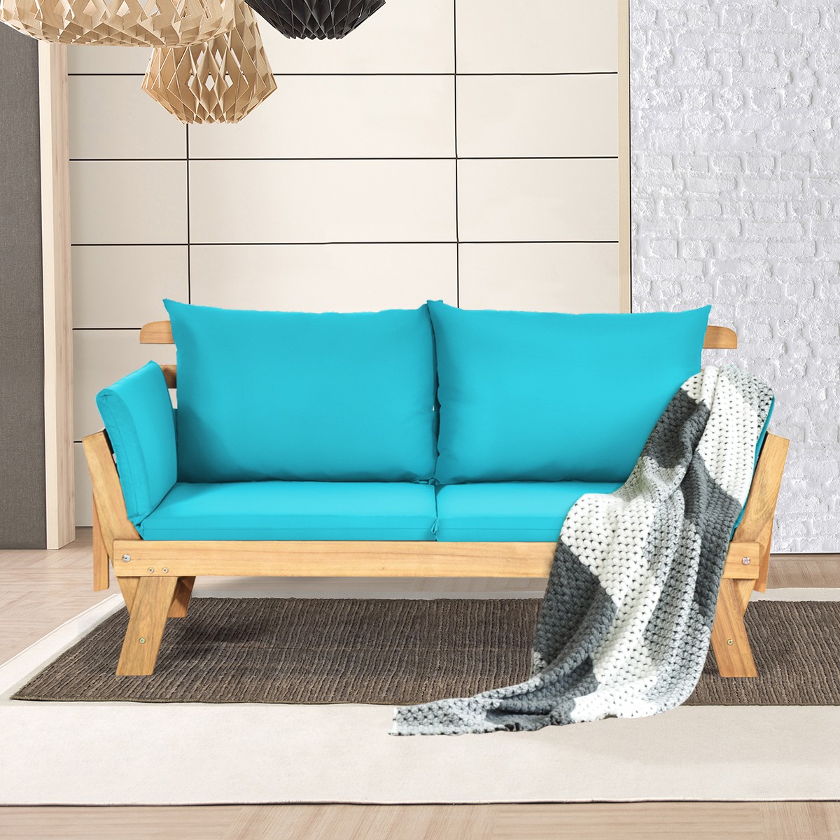 Patio Convertible Sofa Daybed Solid Wood Adjustable Furniture Cushion Turquoise
