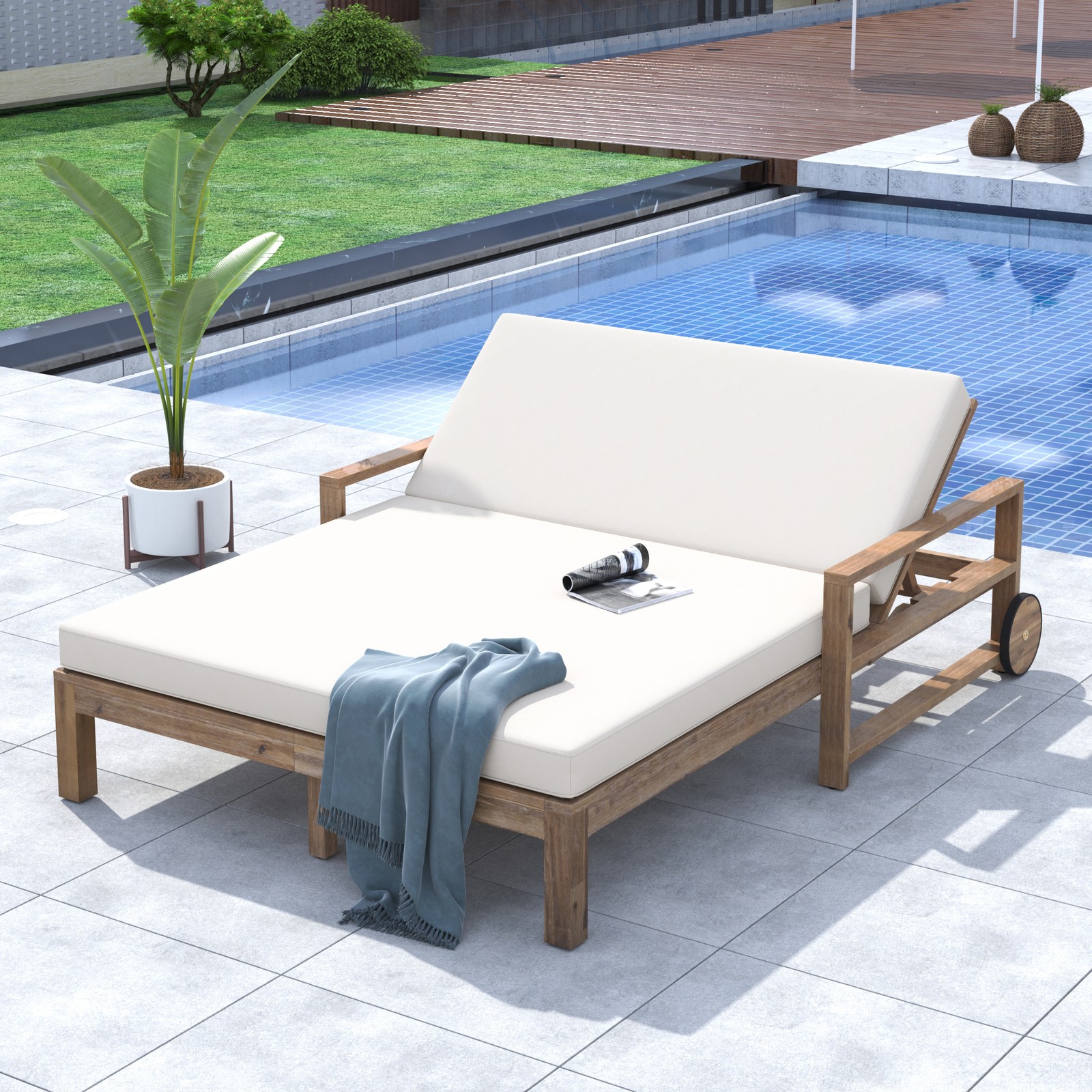 Farmhouse-Style Wooden Outdoor Sunbed Daybed Seats 2 People, Beige