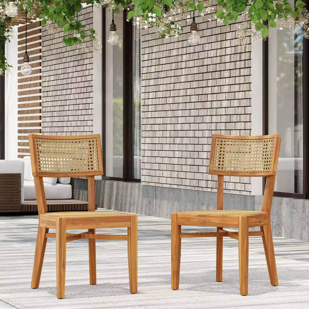 Ellery Rustic Teak Finish Solid Wood Outdoor Dining Chairs with Light Brown Wick