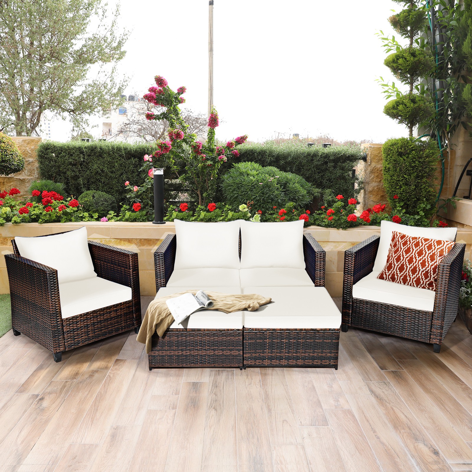 Patiojoy Outdoor Wicker Coversation Set with Removable Cushions White, 5 Piece