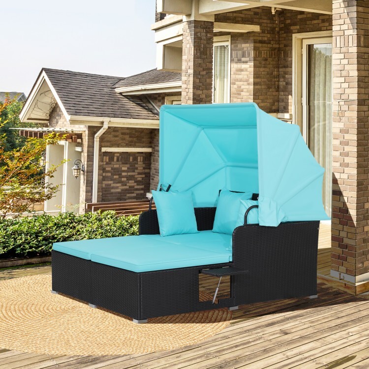 Patio Rattan Daybed Outdoor Retractable Canopy Backyard W/Cushion & Side Tables