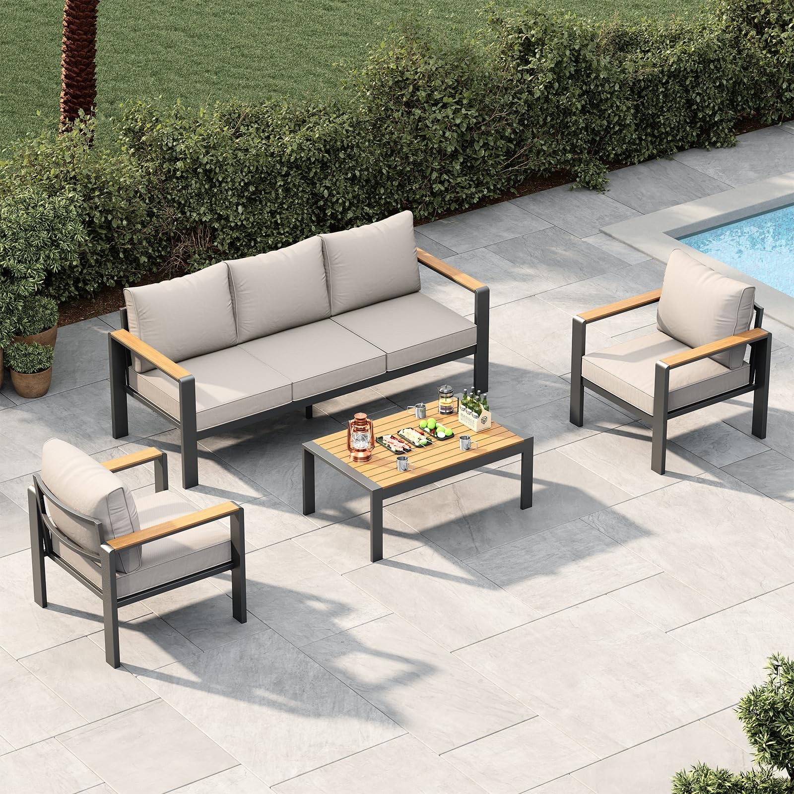 4 Pieces Patio Furniture Set Outdoor Sectional Sofa Set with Table for 5 Seats