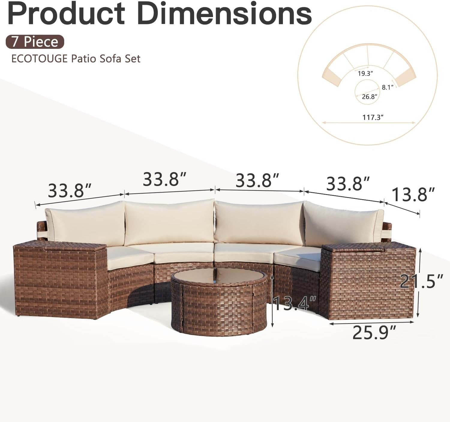 Set of 7 Half-Moon Patio Furniture All-Weather Wicker Curved Sofa Storage Table