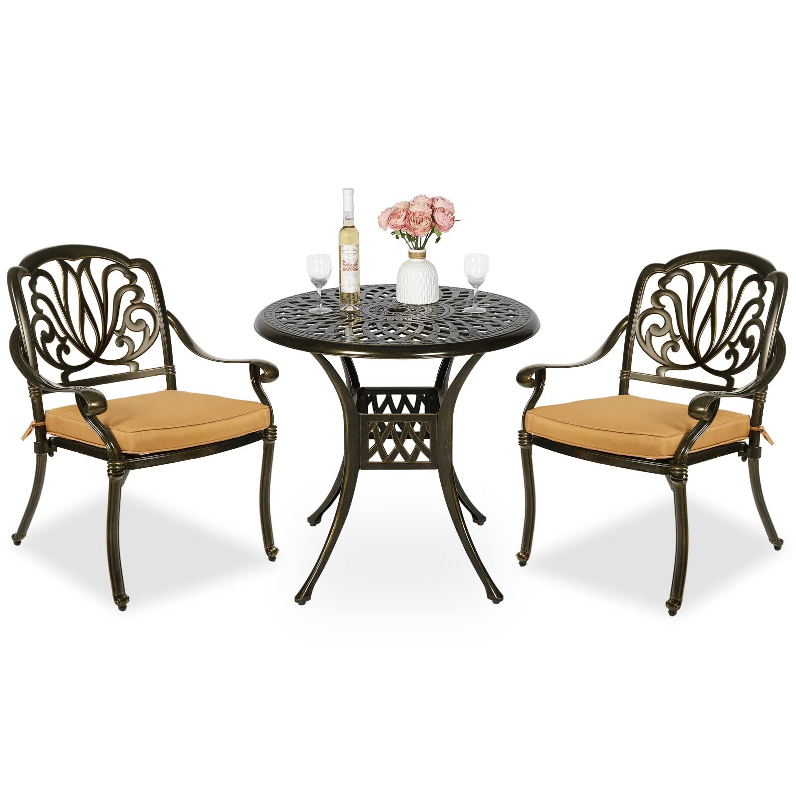 3PCS Patio Dining Set Outdoor Bistro Sets Cast Aluminum Round Table & Chairs Set