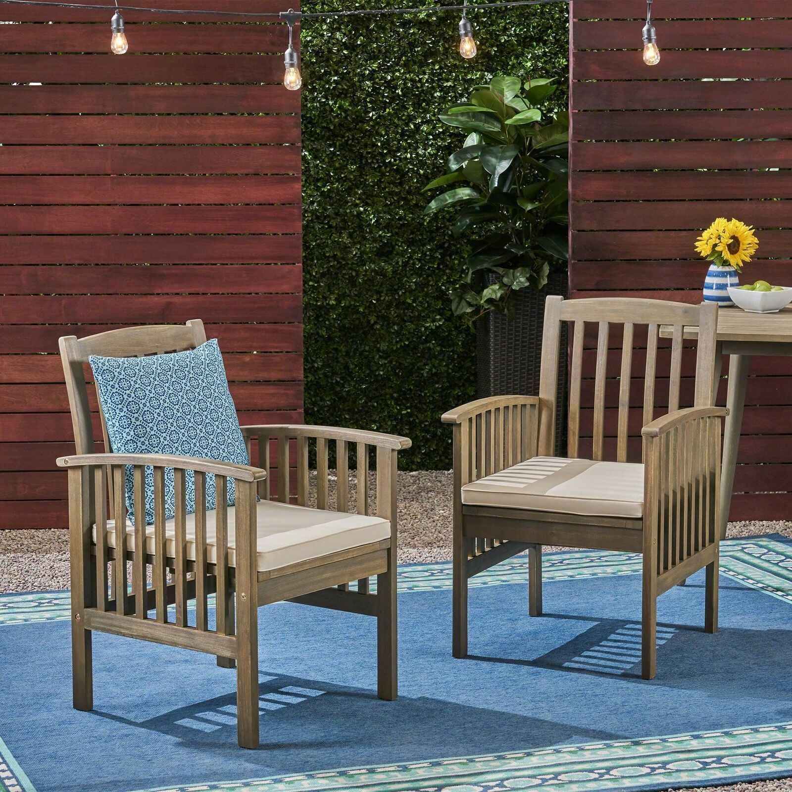 Phoenix Acacia Patio Dining Chairs, Acacia Wood with Outdoor Cushions, (Set of 2